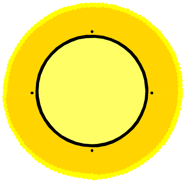 The image shows a simple illustration of two yellow circles with black dots inside them against a white background.