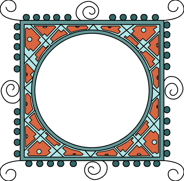 The image shows a square with an intricate design featuring red patterns on blue backgrounds within two concentric circles against a black backdrop.