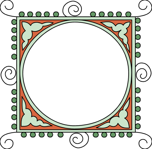 The image shows a square with an intricate design inside it featuring geometric patterns on its sides; at the center is a large circle surrounded by decorative elements that resemble stylized leaves in shades of red and green, all set against a dark background bordered by white lines creating dots.