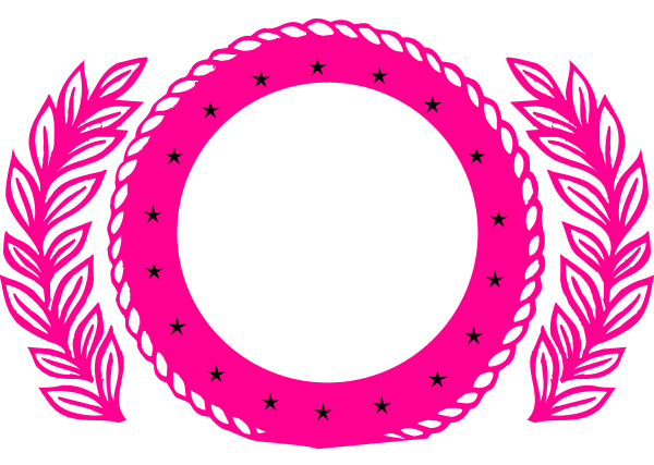 The image shows a pink laurel wreath with two stars on either side of it inside an oval frame that is outlined by white lines forming a circle around the center where there's another smaller circular design, all set against a gray background.
