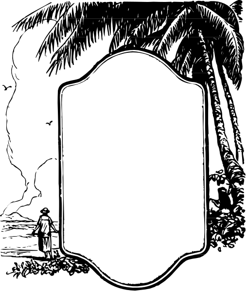 The black and white illustration shows a blank sign with an oval shape at its center against a tropical background featuring palm trees under what appears to be night sky illuminated by moonlight.