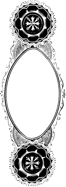 The image shows a black and white illustration of two circular designs with intricate patterns inside them on either side of an oval shape in between that has three smaller circles within it.