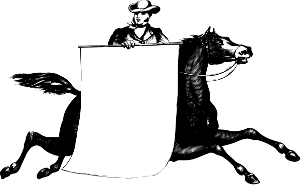 The black and white photo shows a horse pulling a carriage with two figures inside; it's nighttime outside as indicated by darkness in the background.