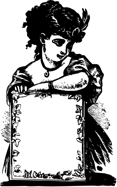 The black and white photo shows a person sitting with their back to us at an angle; we see only from behind as if looking over their shoulder. They appear relaxed in front of what seems like a blank sign, which has some decorative elements around its edges but no text on it.