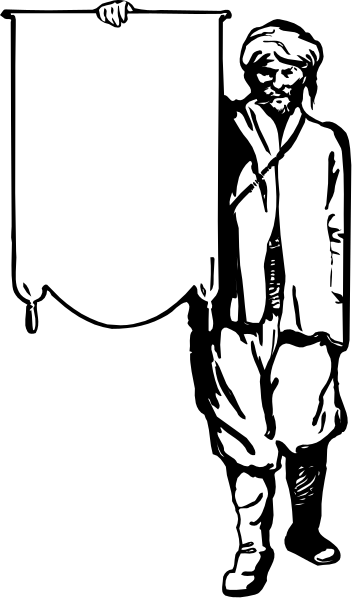 The black and white photo shows a man holding up an emblem with his left hand while walking away from it on what appears to be a street scene in a city environment.