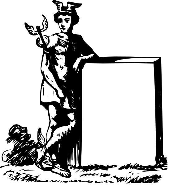 The black and white photo shows a statue of an ancient warrior with helmet on his head standing next to what appears to be a sword in front of him against a dark background.