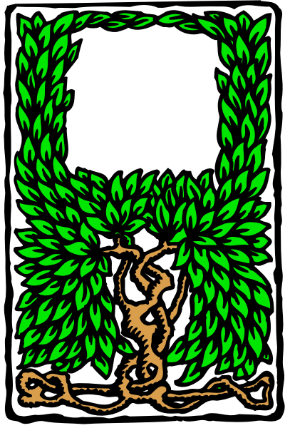 The image shows a black and white illustration of an emblem with laurel leaves on either side at top corners; in center is a shield-like design featuring two crossed branches that resemble olive trees, each adorned by small green plants growing from their ends. Below the central motif are three vertical lines representing roots or stems and below them rests an open book with pages visible but no text on it. The background of this emblem is white; there's a black border framing its edges.