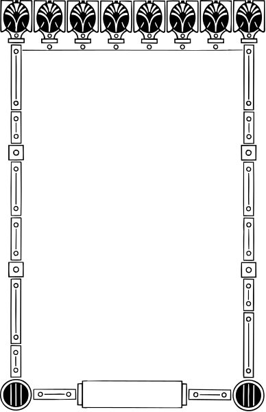 The black and white illustration shows a stylized architectural structure with intricate details that resemble classical design elements such as columns and arches on what appears to be an elevated platform within a larger, enclosed space; there is no text present in this image.