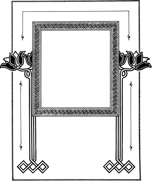 The black and white illustration shows a framed picture with an intricate border design on either side of it within what appears to be a larger frame that has decorative elements at its corners.
