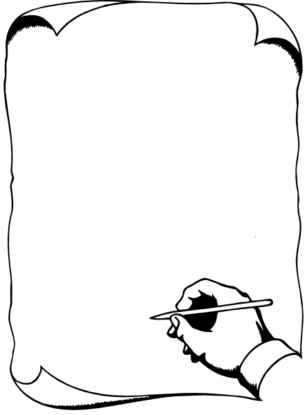 The black and white illustration shows a person's hand holding an ink pen over a blank piece of paper with lines indicating it is lined notebook paper; there appears to be no text on this page.