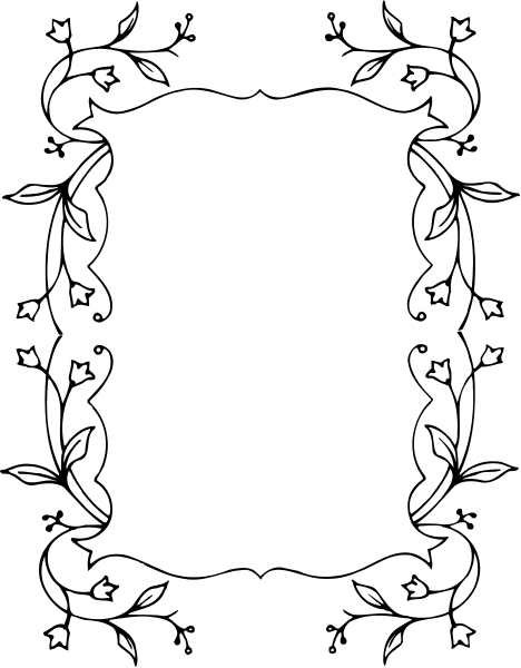 The black and white image shows a decorative border with symmetrical patterns featuring leaves at each corner of an oval shape in the center.