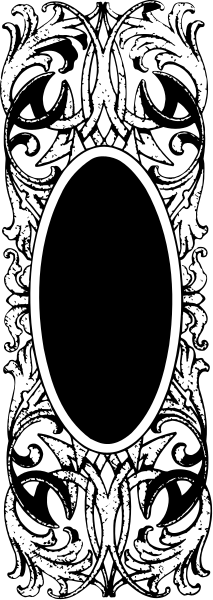 The black and white photo shows a decorative scroll with an oval design at its center on top of what appears to be a wallpaper background featuring intricate patterns.