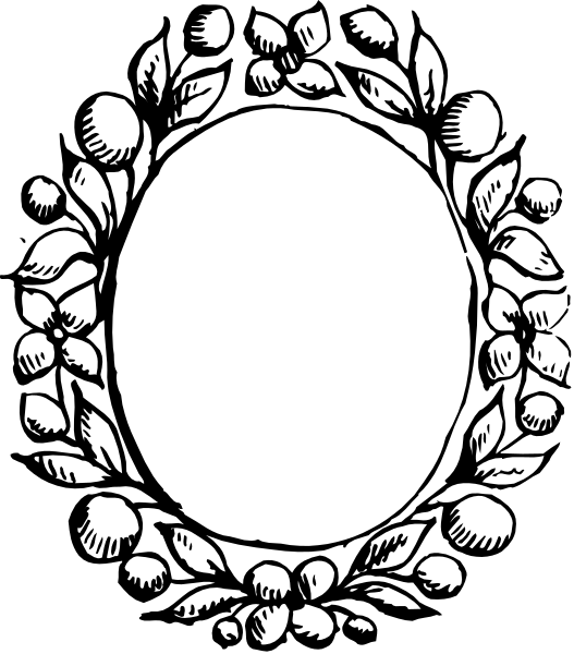 The black and white illustration shows a circular frame with an oval cutout at its center, surrounded by decorative elements that resemble leaves on either side of the circle's border.