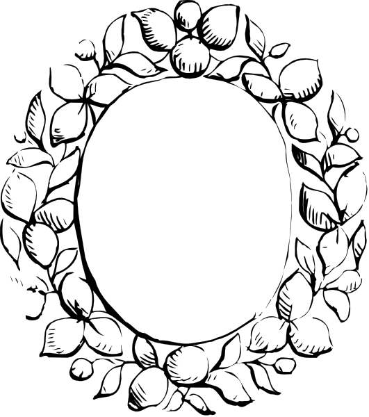 The black and white illustration features a wreath with leaves at its center surrounded by branches on either side of an oval frame that has been cut out to reveal blank space in the middle where one could place their own image, possibly for personalization purposes or as part of a craft project.