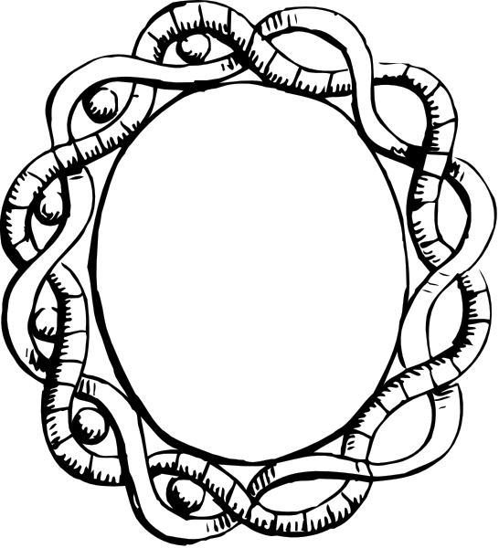 The black and white illustration shows a circular design with intricate patterns resembling vines or tendrils emanating from its center to form an oval shape around it; there is no text present in this image, which focuses on geometric shapes without any human figures or animals depicted within the frame.