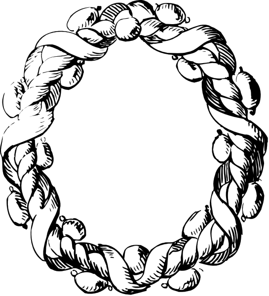The black and white illustration shows a wreath with laurel leaves surrounding an oval frame that is empty in the center of it all.