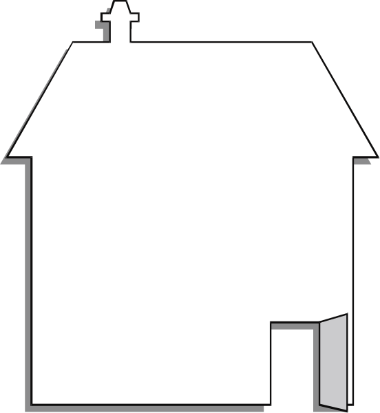 The black and white illustration shows a house with an open door on its right side, located at night under clear skies.