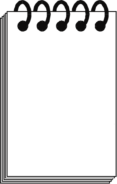 The image shows a simple black and white representation of an open notebook with music notes on it placed against a gray background.