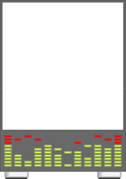 The image shows a pixelated representation of an electronic device with various buttons on its front panel against a dark background.
