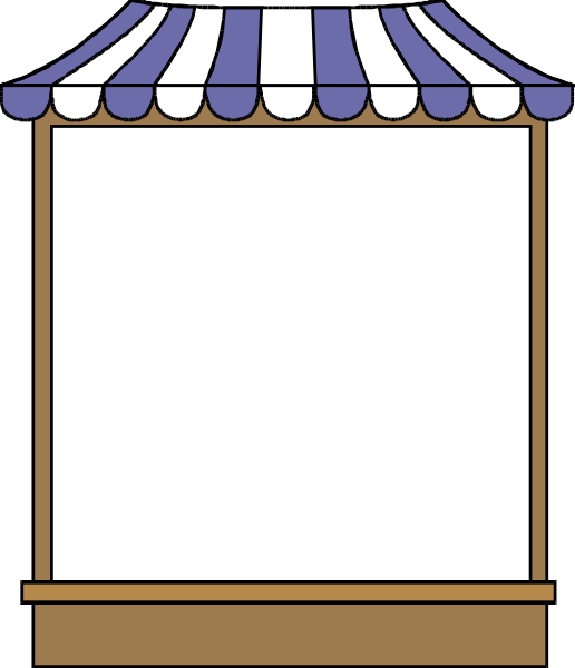 The image shows a simple cartoon of an empty storefront with no sign on it yet; there is also a blue canopy above the window frame that has white polka dots around its edges.