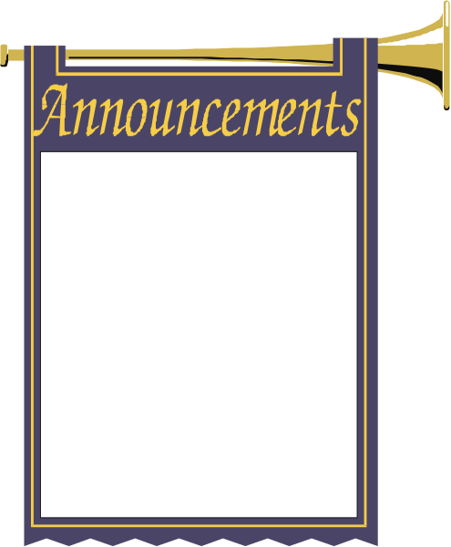 The image shows a sign with text that reads "Announcements" at top on blue background inside an oval border; below it is blank space for writing within white lines of paper-like texture against light grey backdrop, suggesting this could be used as a template or placeholder for announcements to fill in.