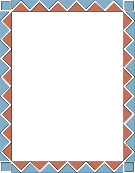 The image shows a stylized representation of an open book with pages that have geometric patterns on them against a dark background; it is framed by what appears to be decorative borders in red and blue hues, giving off a quilt-like appearance around its edges.