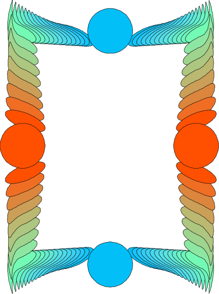 The image shows a symmetrical pattern with abstract shapes resembling waves or lines on either side of two central blue circles connected by an orange line in between them against a dark background.