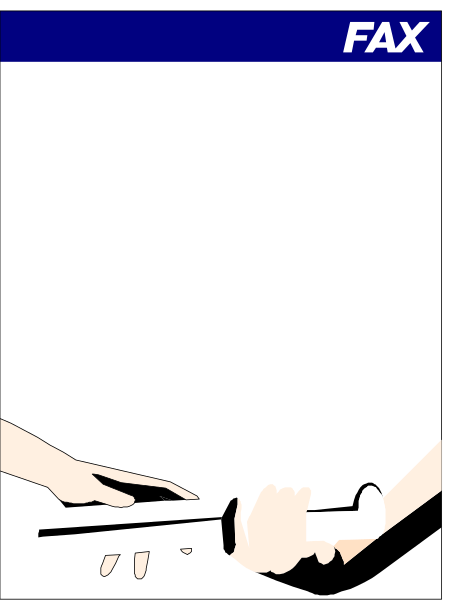 The image shows a black fax machine with white text that reads "FAX" on it against an indistinct background.