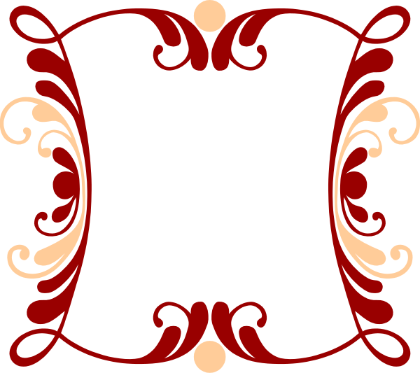 The image shows a black background with an intricate red border featuring elaborate scrollwork designs that resemble classical architectural elements such as columns and arches.