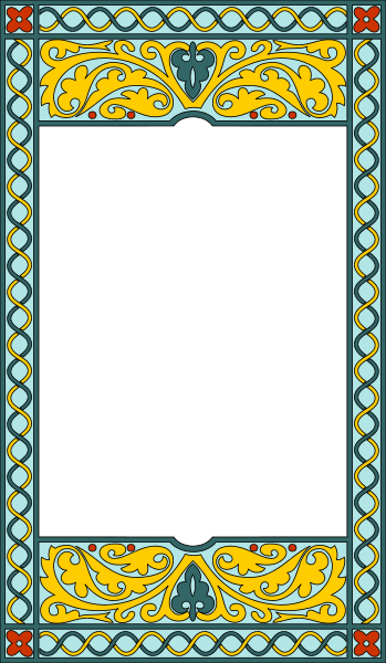 The image shows a stylized illustration of an open book with intricate designs on its cover, set against what appears to be a decorative border that resembles architectural elements in shades of blue and yellow.