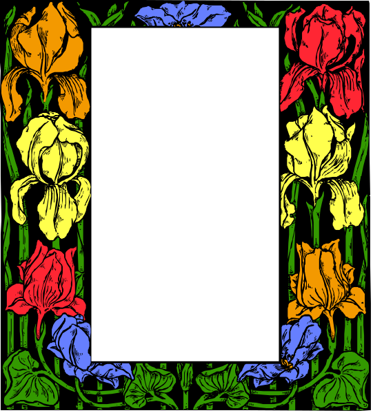 The picture shows a colorful floral border with an empty space at its center where text would typically be placed; it is framed by red flowers on one side and blue ones on another, all within decorative elements that resemble leaves in shades of green and yellow.