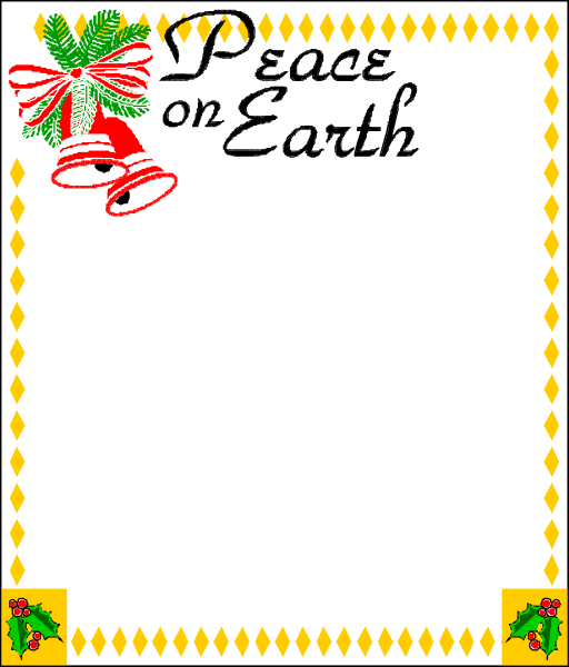 The image shows a Christmas card with text that reads "Peace on Earth" at top center above an illustration of Santa Claus holding holly leaves in his hand below it.