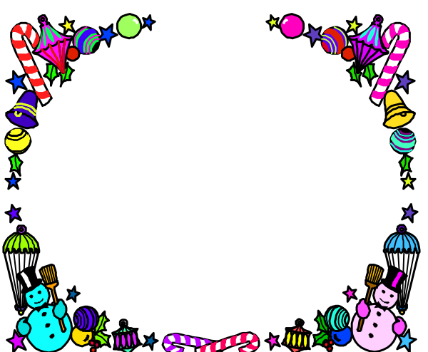 The image shows a colorful border with various party decorations such as balloons, candies, stars, and cartoon characters like teddy bears and ice cream cones; it is set against a black background that resembles an empty picture frame or banner.