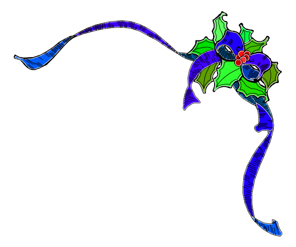 The image shows a colorful illustration of an abstract design with festive elements such as holly leaves at top right corner in green hues against black background; there is also what appears to be mistletoe and possibly other decorative items, but no specific objects or actions are discernible.