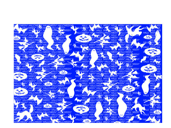 The image shows a pattern of Halloween themed graphics including bats, ghosts, witches' hats, pumpkins, spiders, cats, dogs, broomsticks, skulls, crossbones and other related items on what appears to be fabric or paper with blue background.