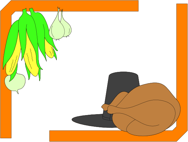 The image shows a cartoon depiction of Thanksgiving dinner items: turkey on left side with stuffing coming out from under its skin; hanging bunches of bananas in center; cornucopia and pumpkin to right, suggesting harvest theme; all set against an orange background that resembles autumn leaves.