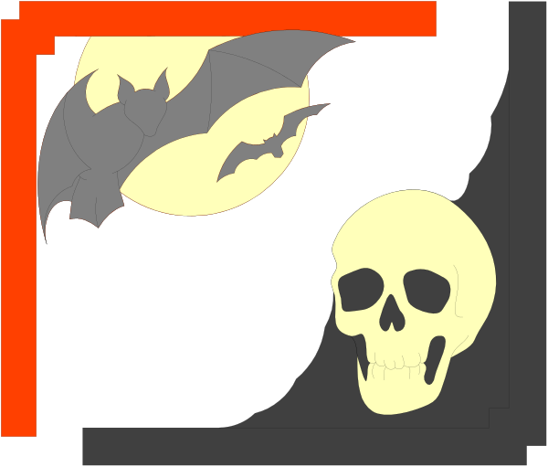 The image shows a black bat with red wings flying over an orange skull on what appears to be a dark background; there is no text present in this clip-art illustration.