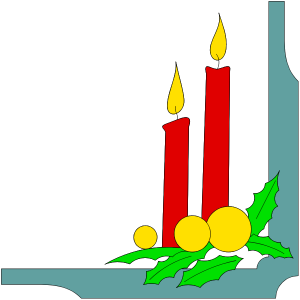 The image shows a Christmas candle holder with three lit candles on top of it; below each candle is an unlit red votive candle. In front of these four candles rests a wreath decorated with pine needles and berries, topped by two gold bells.