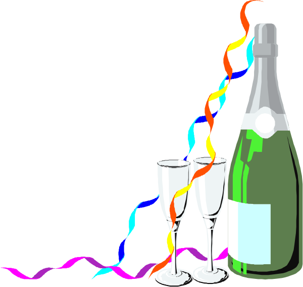 The image shows a celebration scene with two champagne bottles on ice buckets next to each other, flanked by party streamers in rainbow hues; between them is an illustration of sparkling wine glasses filled and ready for toast-making.