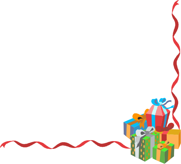 The image shows a black background with red ribbons at both ends forming an arch over what appears to be gifts wrapped in colorful wrapping paper on either side of it; there is no text present within this clip-art illustration, and its style suggests that it may have been created using digital art tools.