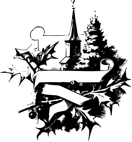 The black and white illustration depicts a church with trees around it at nighttime under what appears to be snowy conditions; there is also an owl perched on one of the branches in front of the building, which has two windows visible from this angle.