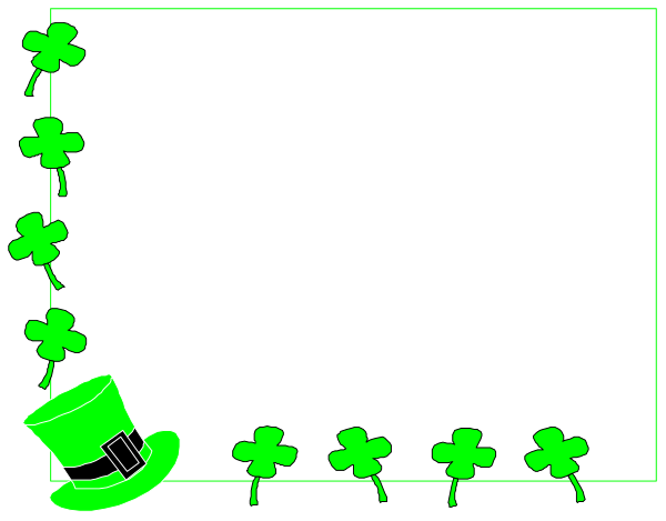 The image shows a black background with green shamrocks on either side of an empty space that resembles a cardboard cutout for holding photos in front of it is a small clip-art figure wearing a top hat and sunglasses, standing next to two clover plants at the bottom.