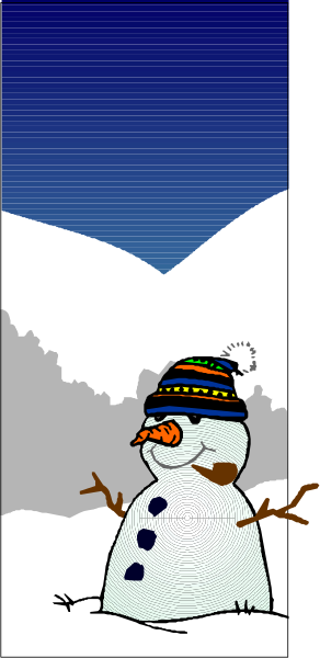The image shows a cartoon of an anthropomorphic snowman with arms outstretched standing on what appears to be a winter landscape at nighttime under a dark sky.