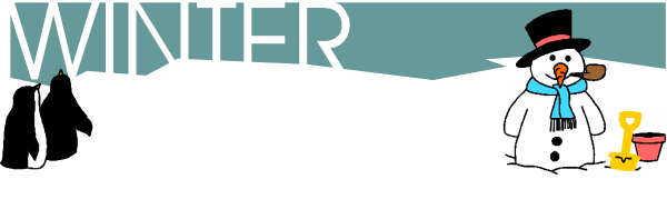 The image shows a winter scene with snowmen on either side of text that reads "WINTER" at top center; there is also an ice skate in front of one of them.