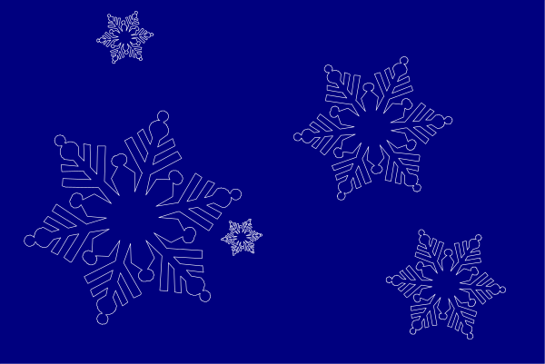 The image shows a blue background with white snowflake designs that have intricate patterns within them resembling stars on either side of what appears to be an abstract representation of a Christmas tree in between two larger flakes, all set against a darker grey border at bottom and top edges.