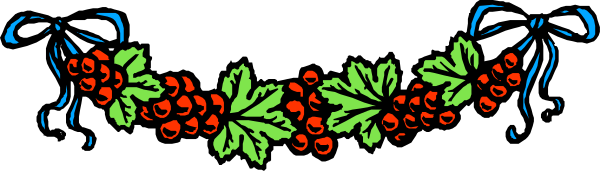 The image shows a decorative border with red berries on top of green leaves at both ends against a gray background.