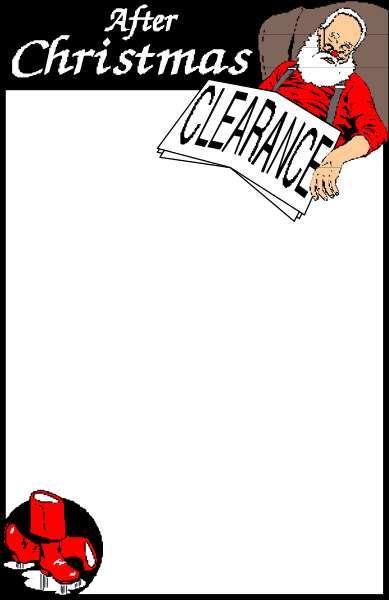 The image shows a Christmas card with an illustration of Santa Claus holding up a "clearance" sign over his head in front of a red car that has been transformed into a fire hydrant by being covered from top to bottom, and below it is text reading 'AFTER CHRISTMAS CLEARANCE'.