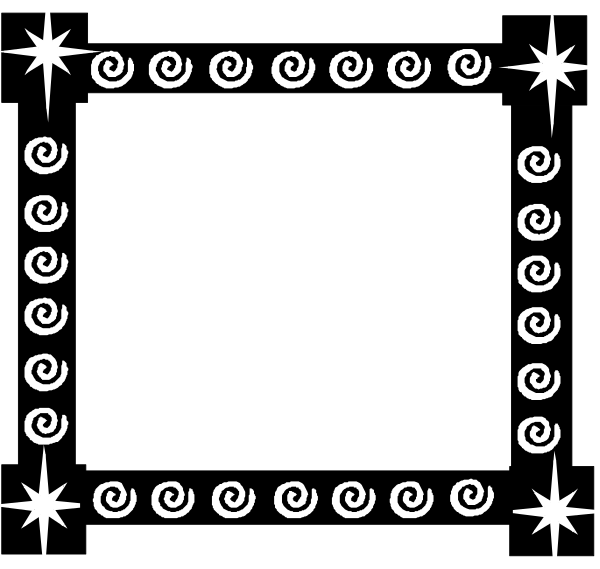 The black and white graphic features a square frame with swirls at each corner inside it.