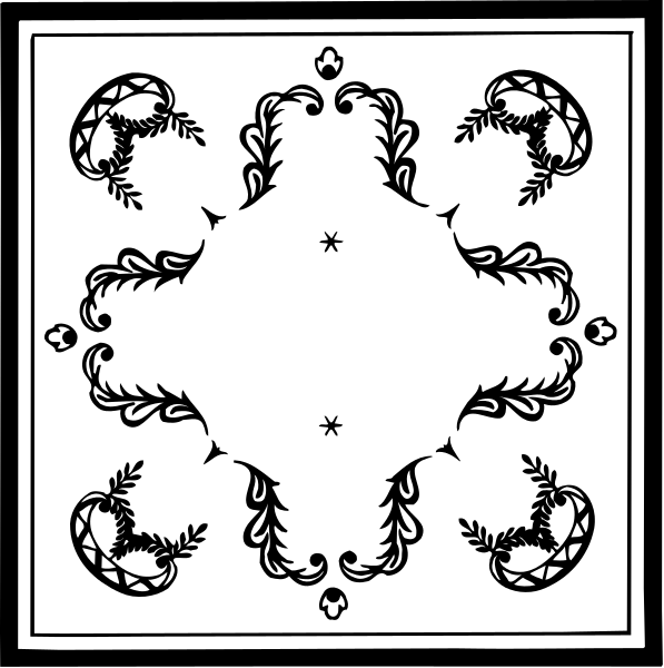 The black and white images show two different designs of a decorative border with intricate patterns featuring floral motifs and geometric shapes such as stars and circles within it.
