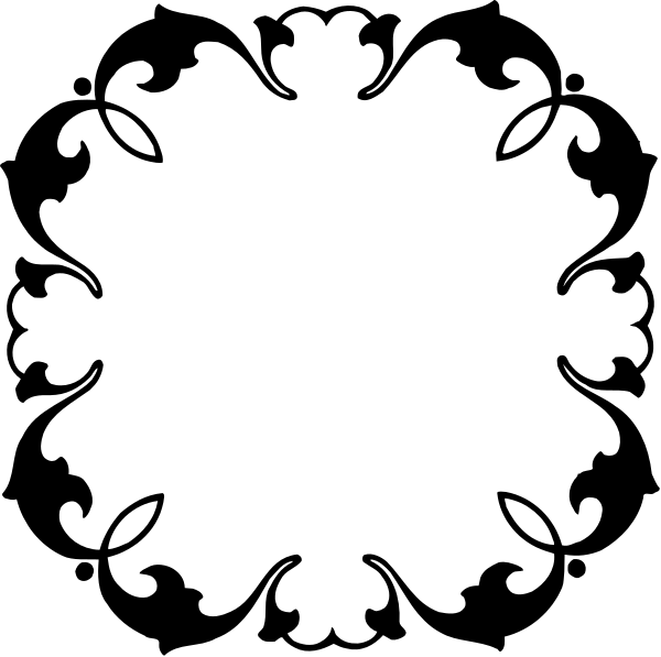 The image shows a black and white decorative pattern with intricate designs resembling leaves on stems within an oval frame.